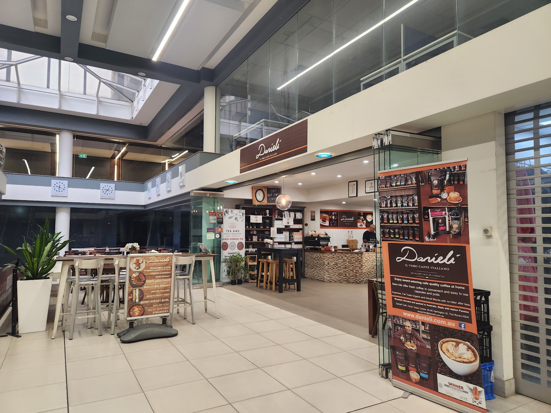Cafe Danieli storefront inside the Clocktower arcade